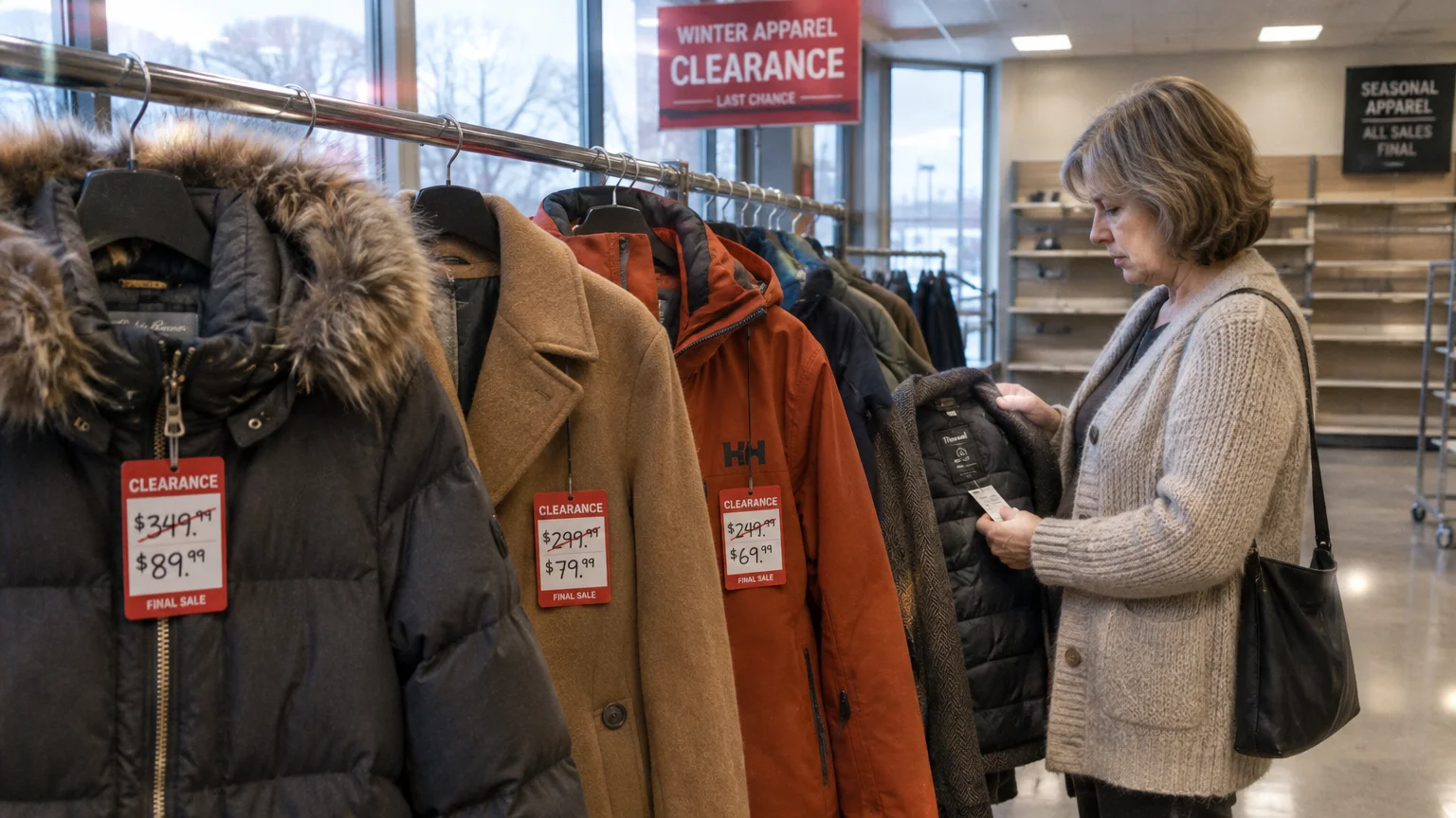 A woman browses marked-down winter coats on a clearance rack in a retail store.
