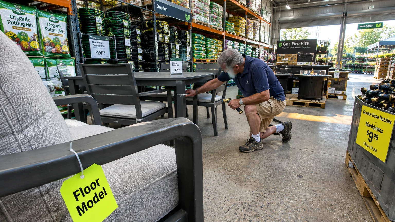 A man kneels to inspect a patio dining set next to an armchair tagged Floor Model in a garden center.