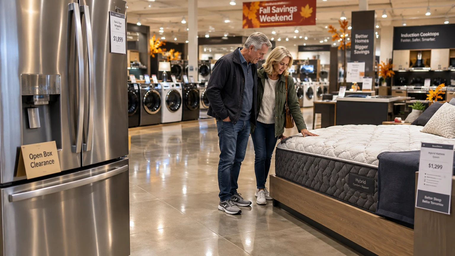 A couple shops in a store showroom, checking a mattress on display near stainless steel refrigerators and washing machines.