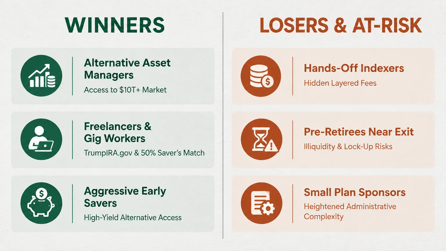Side-by-side comparison chart listing three categories of Winners in green against three Losers & At-Risk groups in orange.