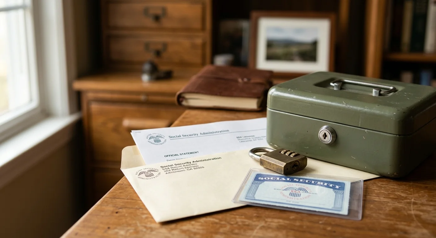Social Security card, envelopes, brass padlock, and green lockbox on a wooden desk near a window.