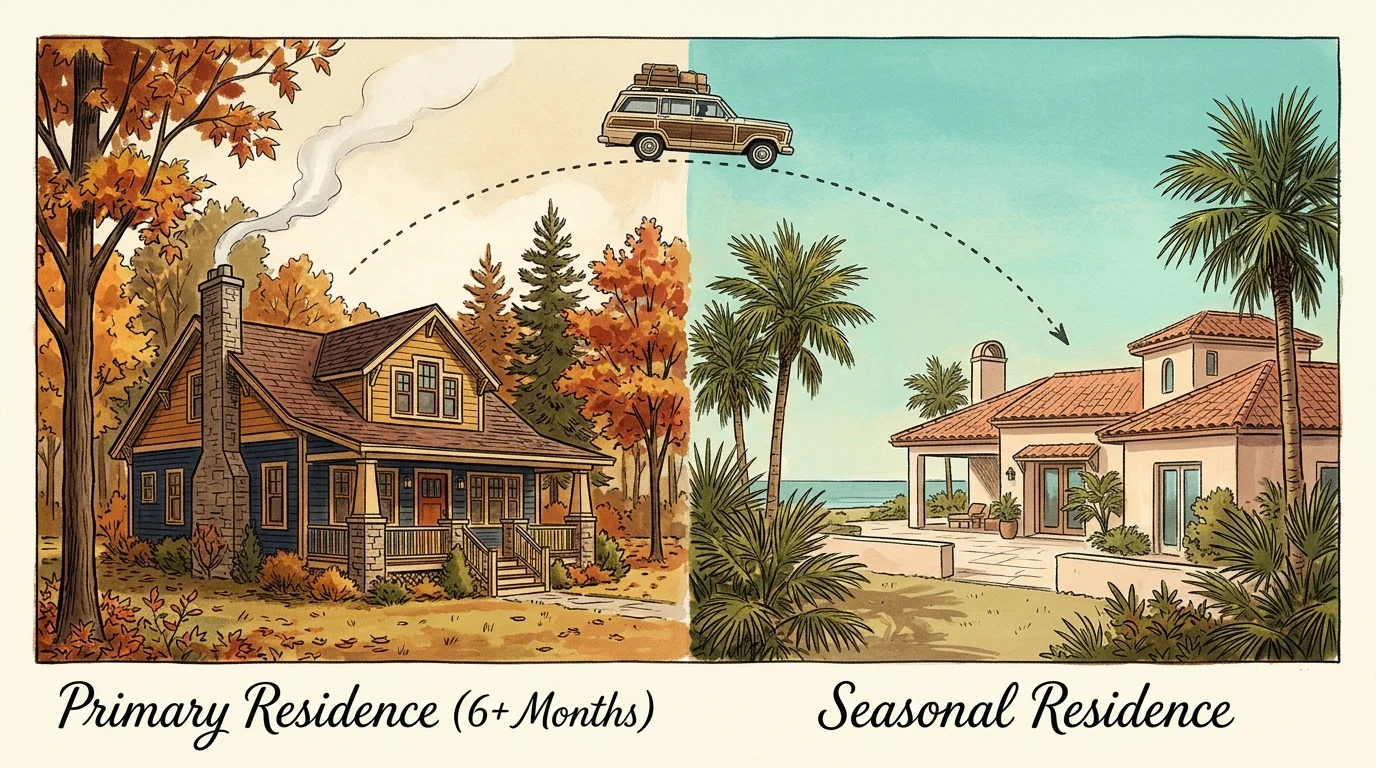 Split illustration showing an autumn house labeled Primary Residence and a tropical house labeled Seasonal Residence.