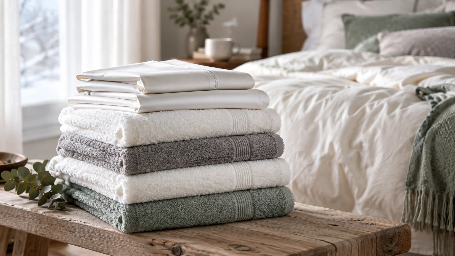 Folded bath towels and sheet set stacked neatly on a wooden bench at the foot of an unmade bed.