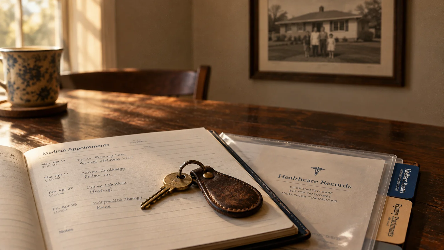 House key resting on an open medical appointment planner next to healthcare records on a sunlit wooden table.