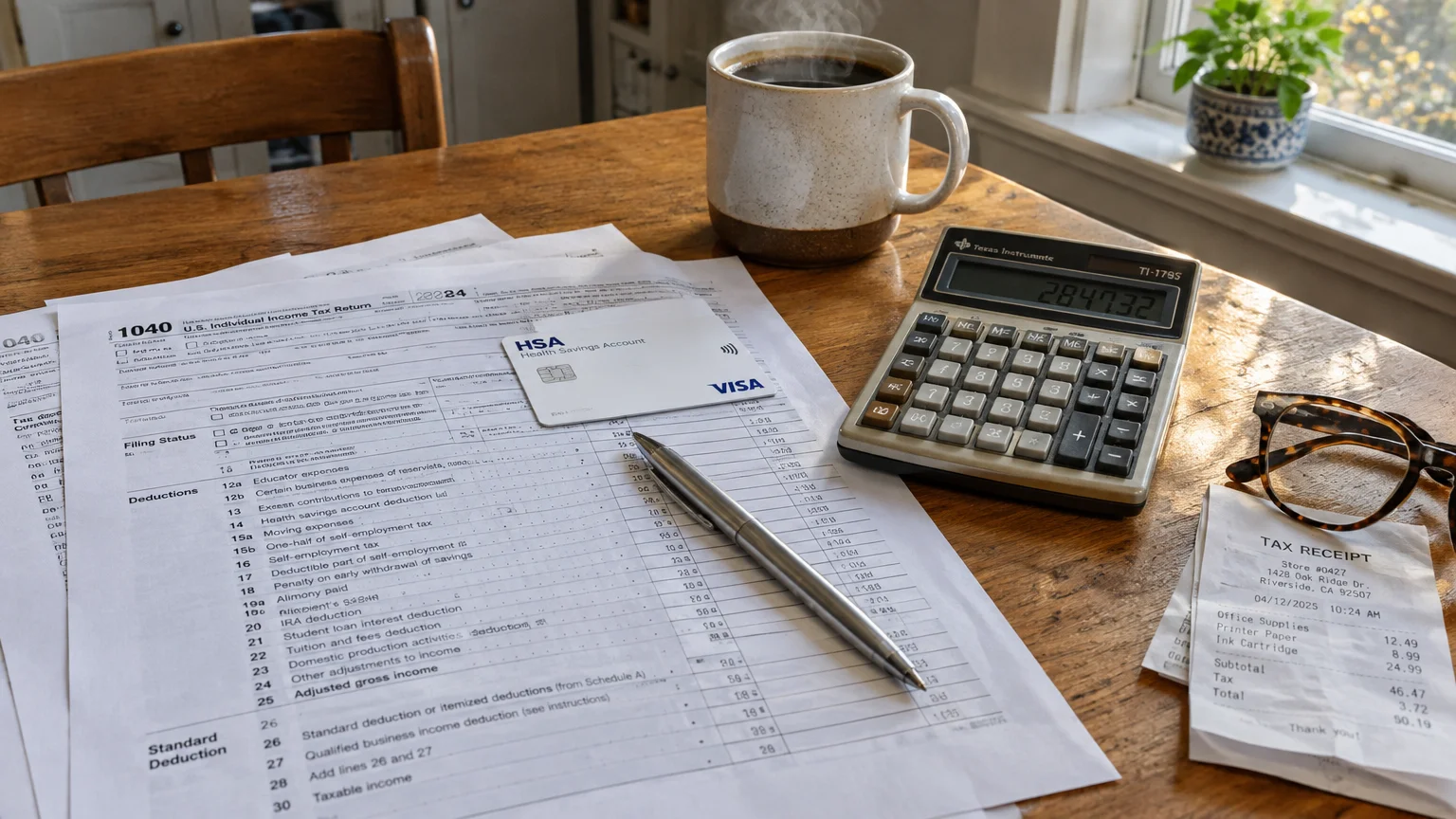 A 1040 tax form on a wooden table beside an HSA card, pen, calculator, coffee mug, receipt, and eyeglasses.