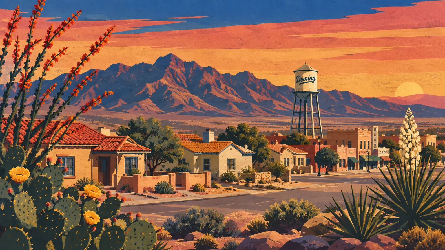 Illustration of Deming, New Mexico streetscape with adobe homes, blooming cacti, a water tower, and rugged mountains.