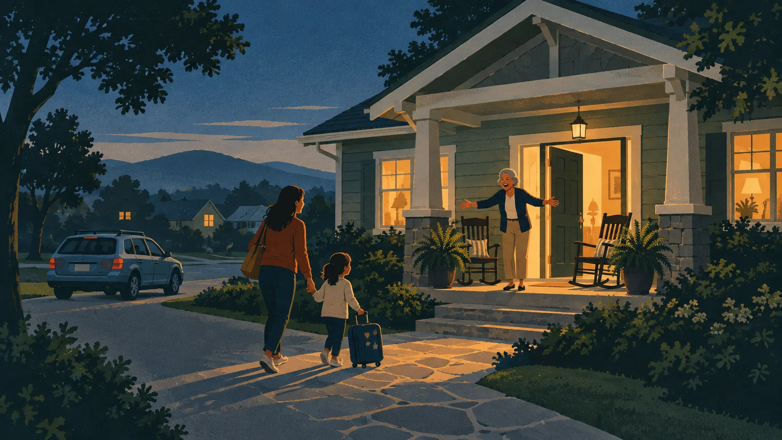 Illustration of an older woman welcoming a mother and child with a suitcase onto a brightly lit front porch at dusk.