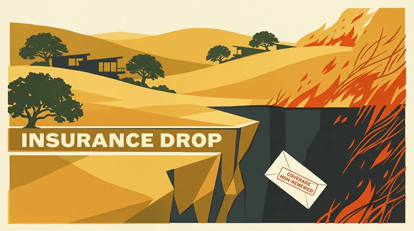 Illustration of houses on yellow hills beside a chasm labeled insurance drop, with flames and a non-renewal letter.