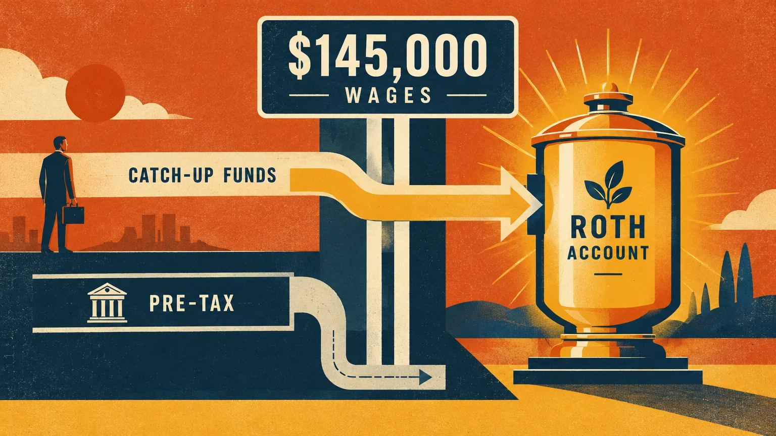 Graphic showing catch-up funds directed toward a glowing Roth account container beneath a $145,000 wages sign.