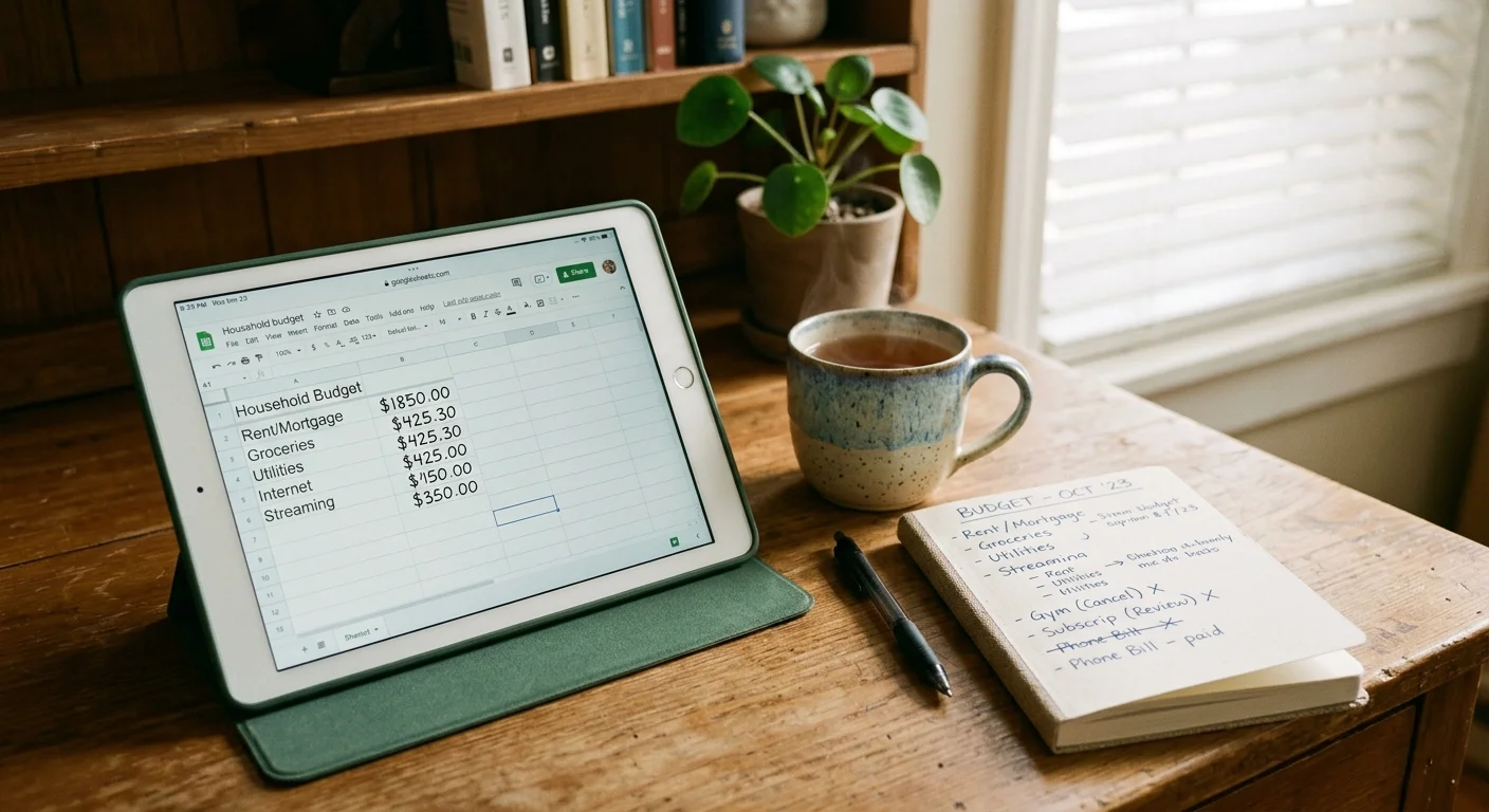 Tablet displaying a household budget spreadsheet alongside a handwritten budget notepad, pen, and coffee mug on a desk.