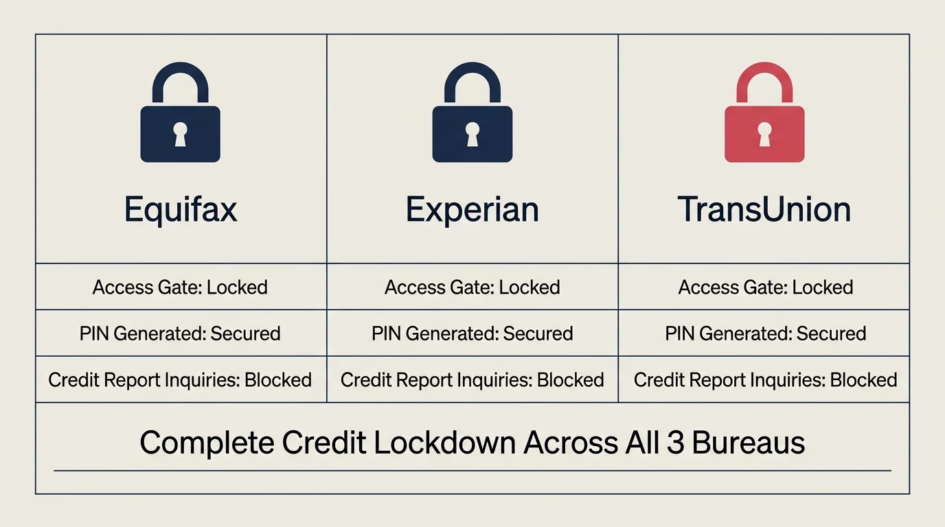 Diagram with three columns for Equifax, Experian, and TransUnion showing padlock icons and locked security statuses.