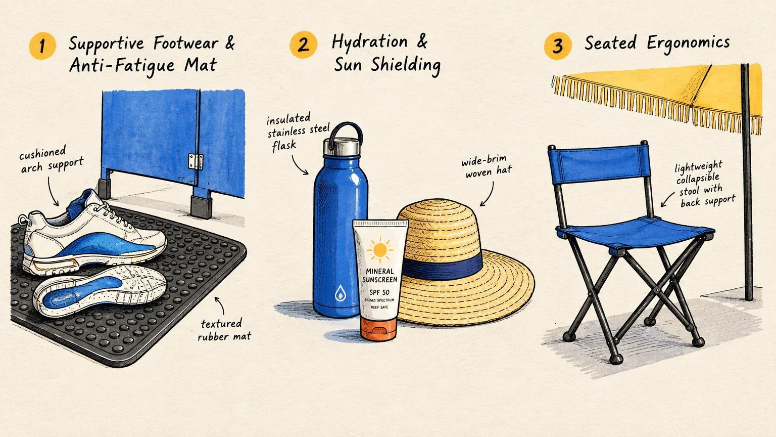 Three-panel illustration showing supportive shoes on a mat, a water bottle with sun protection, and a folding chair.