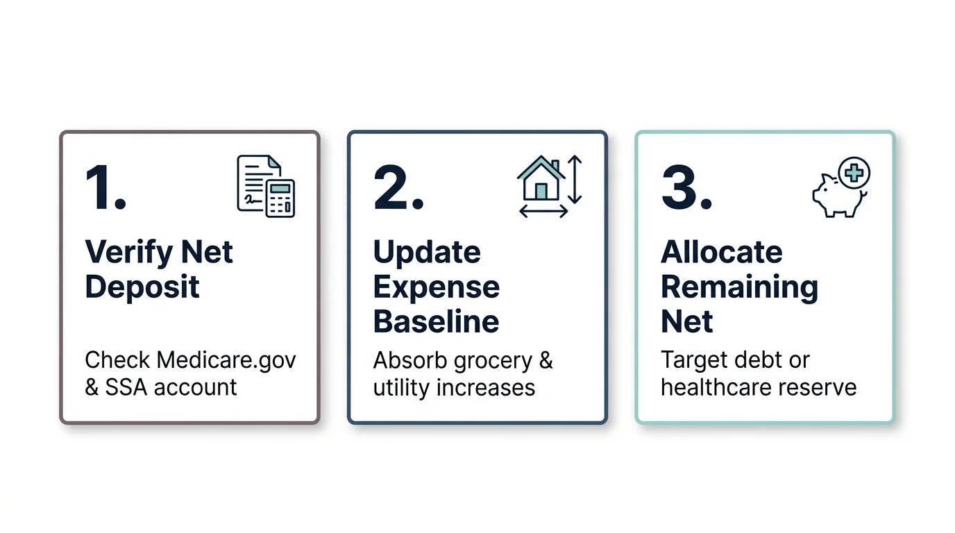 Three numbered cards outlining steps to verify net deposit, update expense baseline, and allocate remaining net funds.