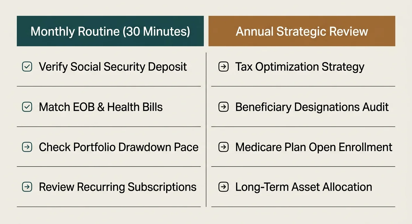Two-column table listing Monthly Routine tasks alongside Annual Strategic Review priorities.