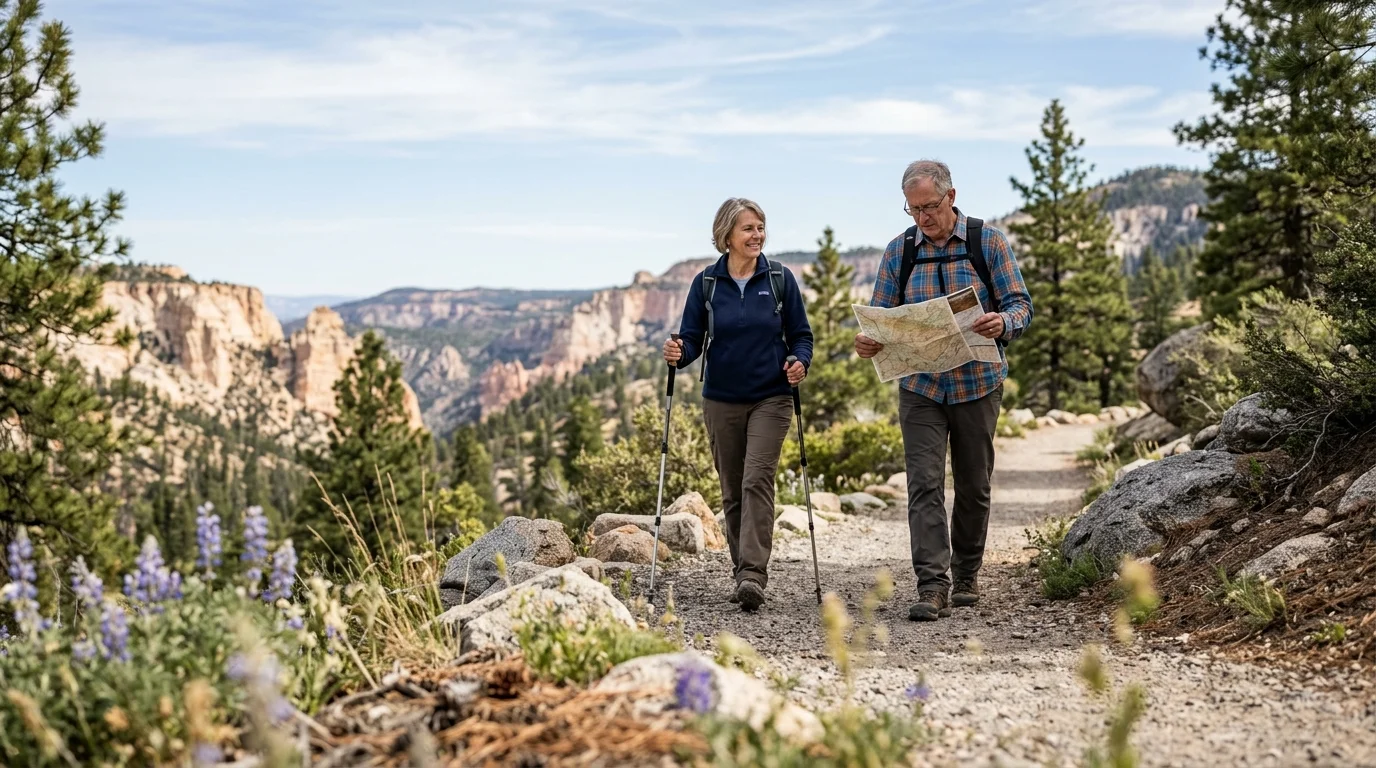 An older couple hikes along a dirt mountain trail, with the man reading a paper map and the woman holding trekking poles.