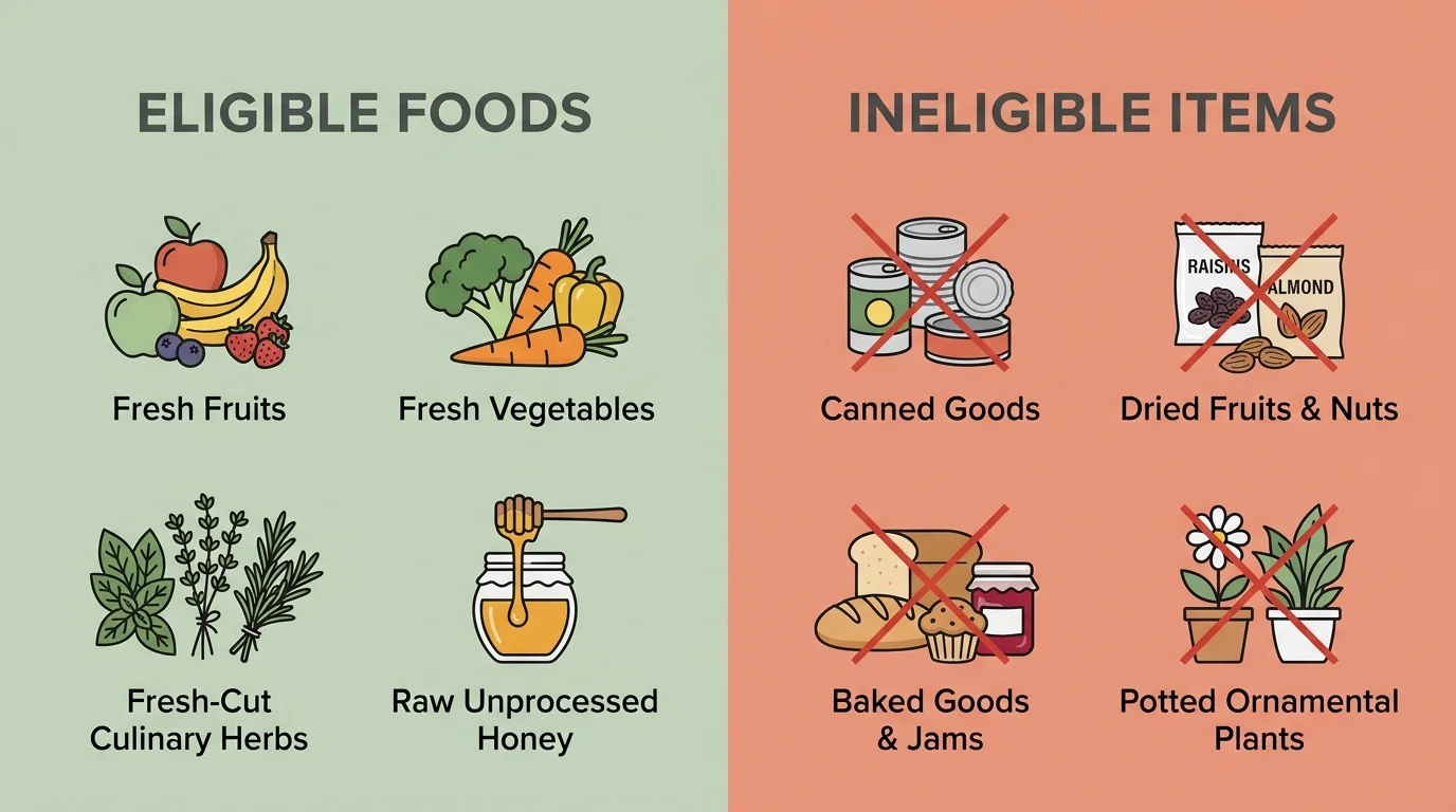 Infographic listing eligible foods like fresh produce alongside crossed-out ineligible items like canned and baked goods.