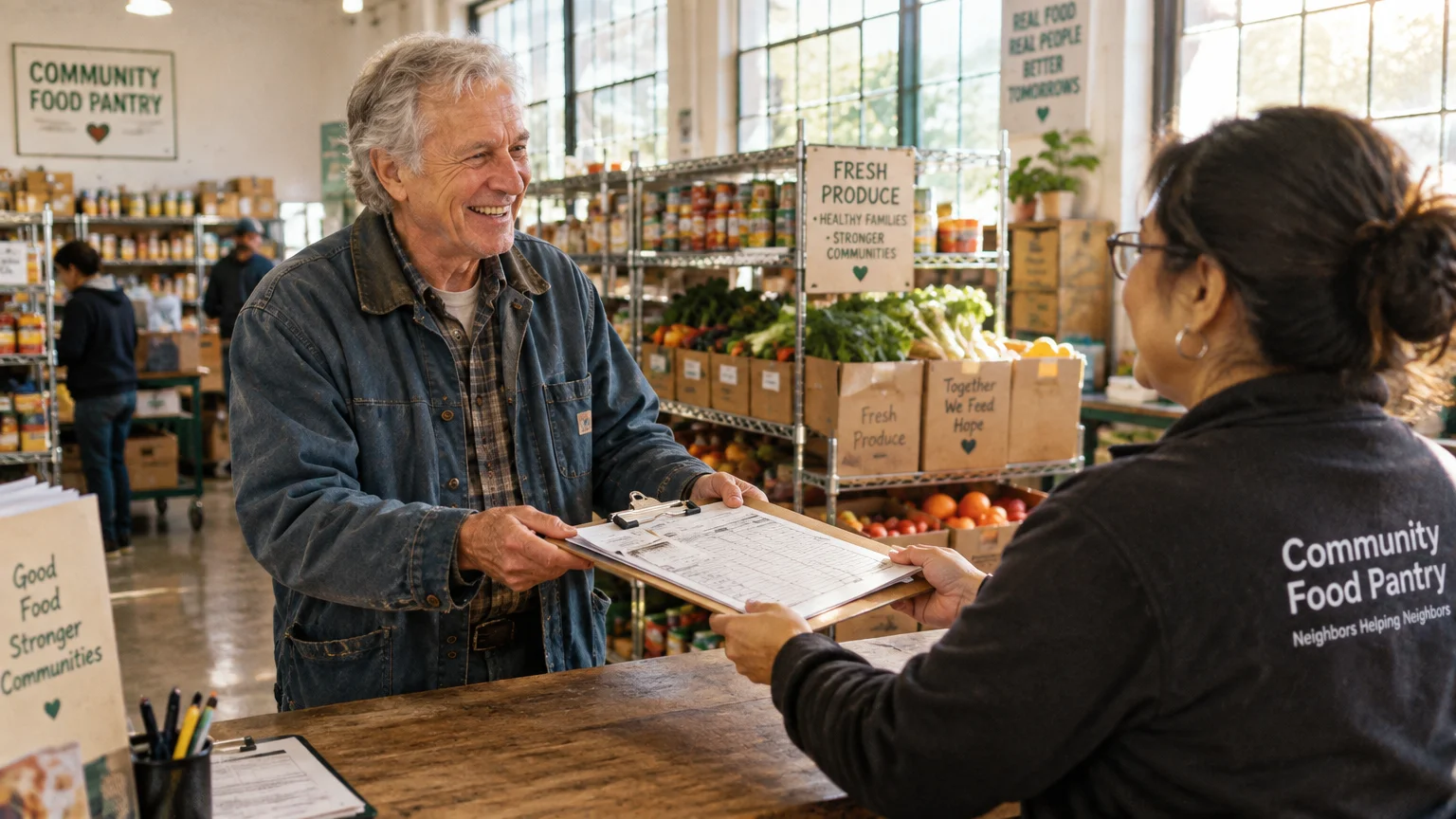 A smiling senior man hands a clipboard to a worker across the counter at a community food pantry.