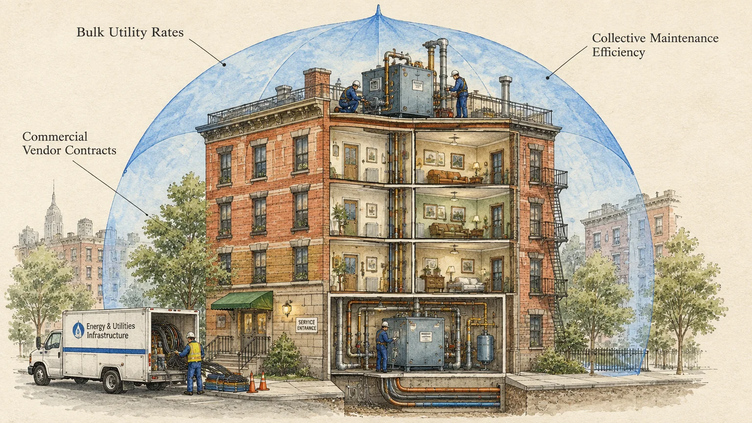 Cutaway illustration of an apartment building shielded by a protective blue dome, showing maintenance workers and utility systems.