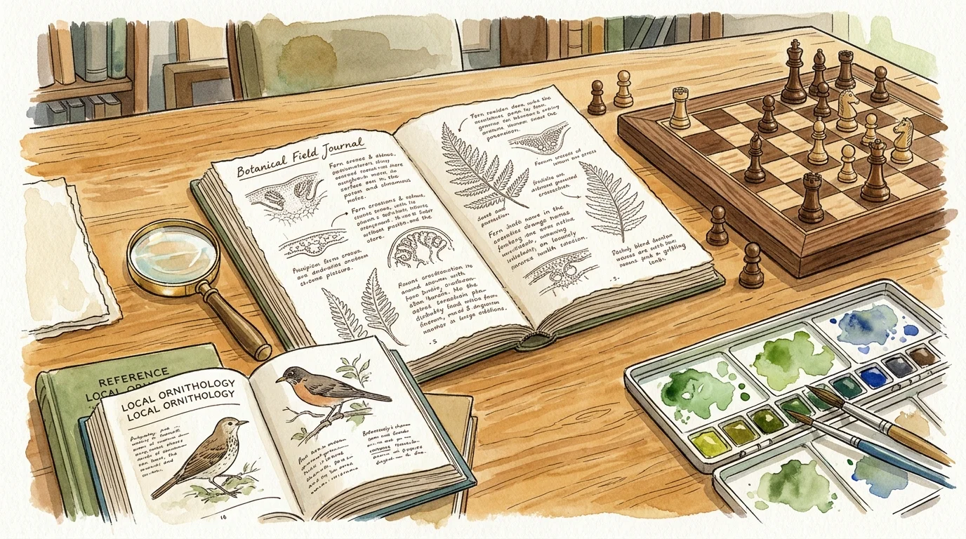 A wooden desk with open nature journals, a chessboard, watercolor paint set, brushes, and a magnifying glass.