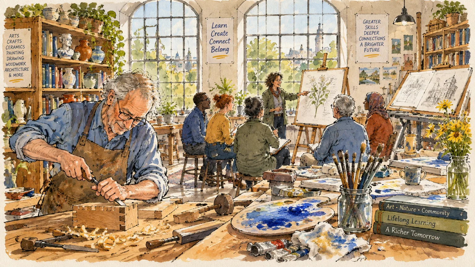 Illustration of an older man woodworking in a bright art studio while adults attend a botanical drawing workshop.