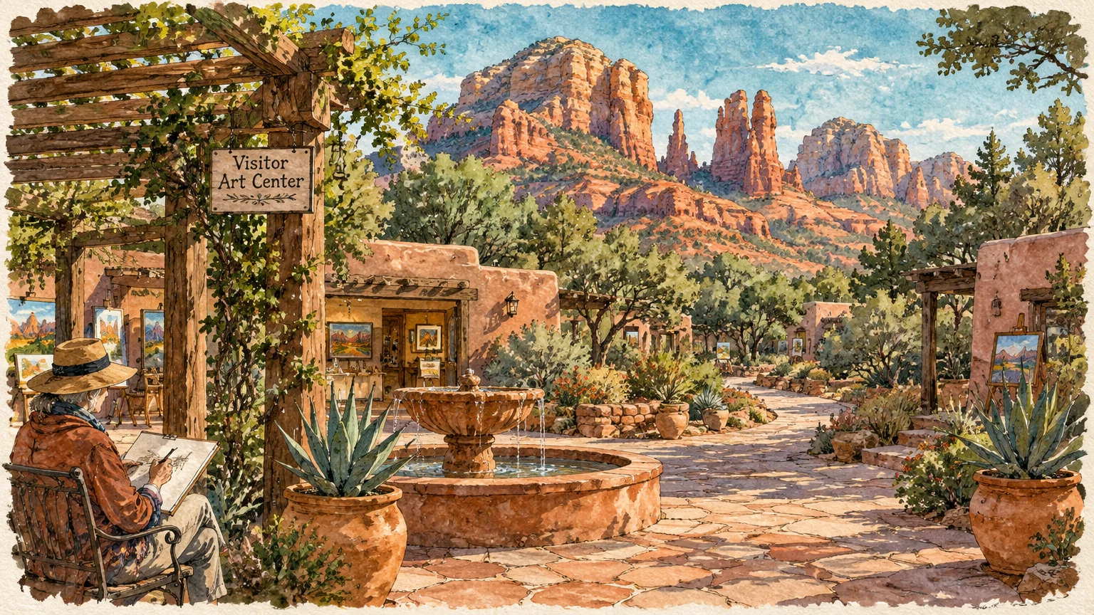 Artist sketching beside a stone fountain in an adobe courtyard beneath towering red rock spires.