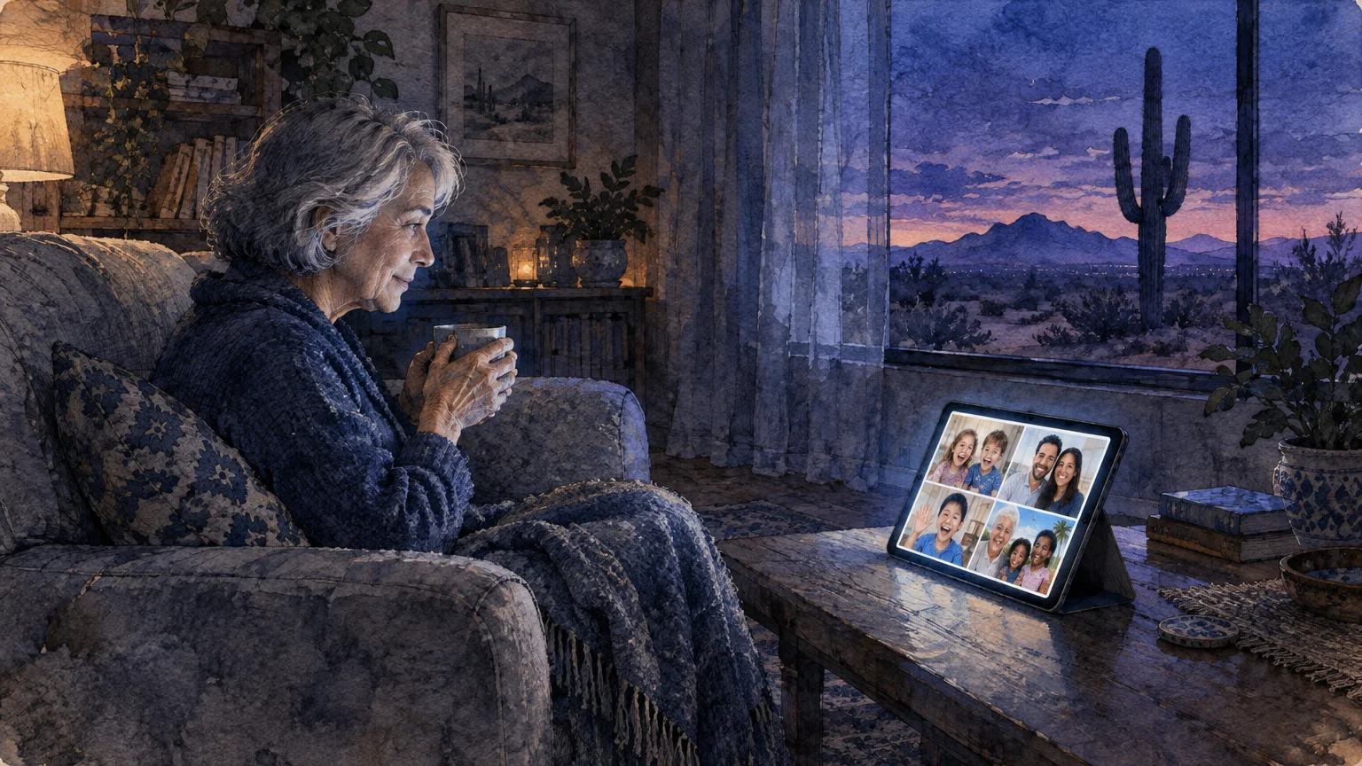 Senior woman in an armchair video chatting on a tablet with family against an evening desert window view.