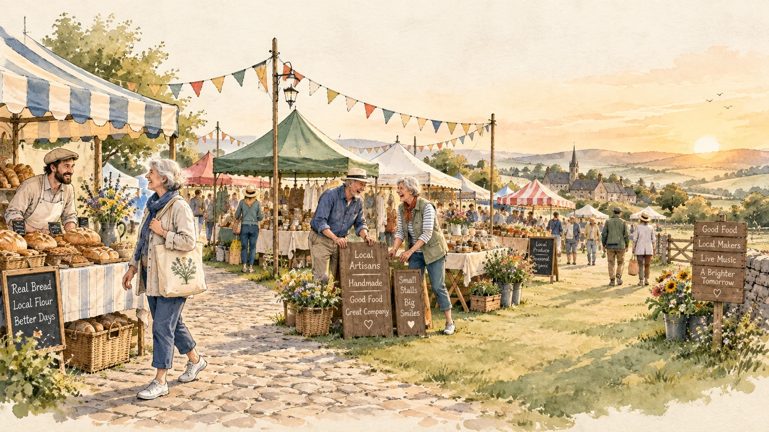 Watercolor illustration of seniors browsing stalls and selling goods at an outdoor countryside farmers market at sunset.