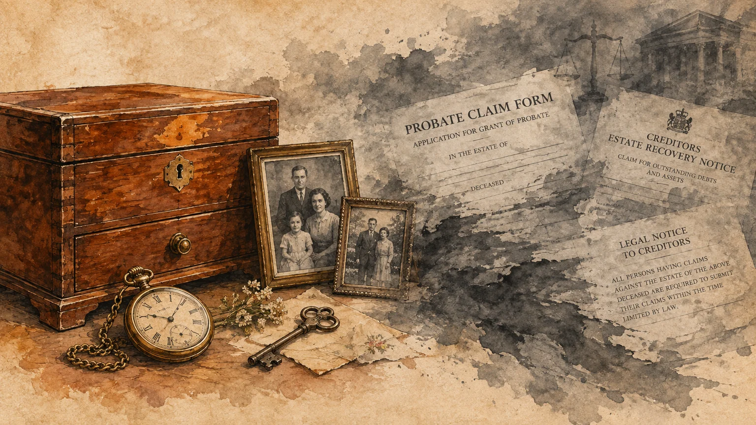 Illustration of vintage family photos, a wooden chest, a pocket watch, and official probate legal notices.