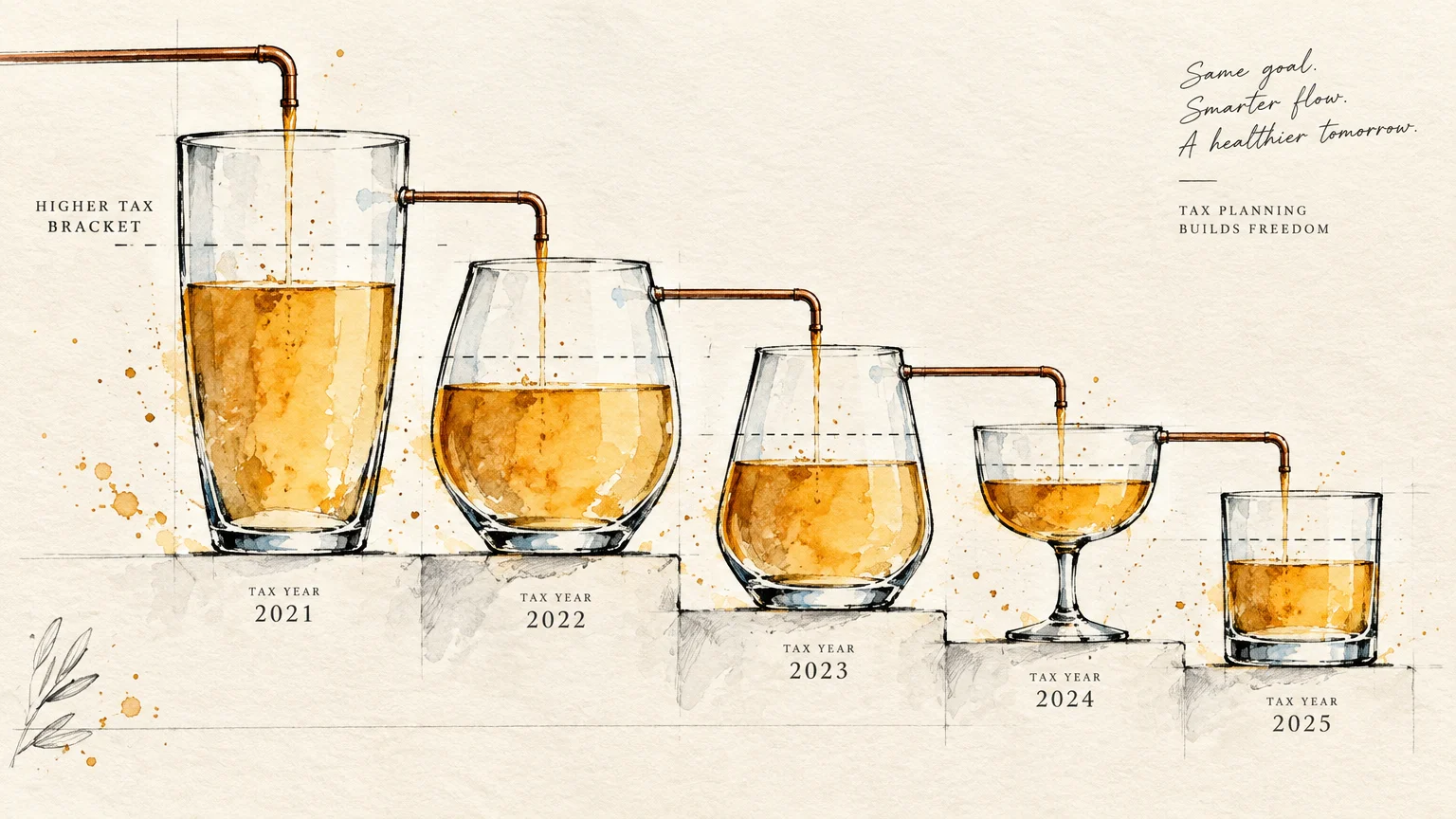 Illustration of glasses labeled by tax year, connected by pipes to pour amber liquid across stepped levels.