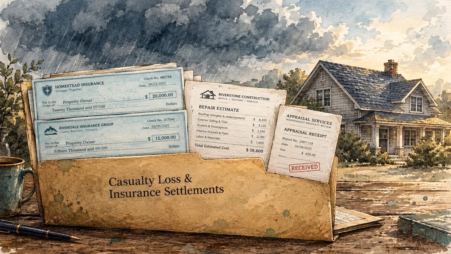 Watercolor illustration of insurance checks and repair estimates in a folder against a house under stormy skies.