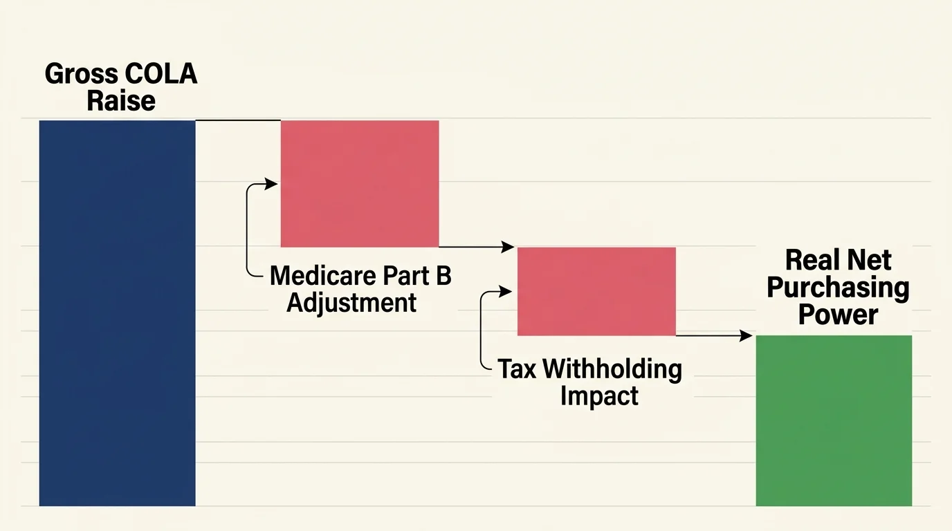 Waterfall chart showing Gross COLA Raise reduced by Medicare Part B and Tax Withholding to Real Net Purchasing Power.