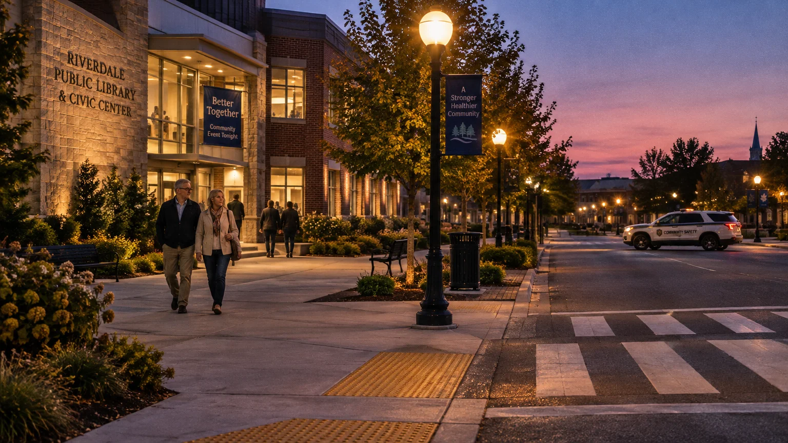 Couple walking at dusk along a well-lit civic center sidewalk past street lamps, crosswalks, and a community safety vehicle.