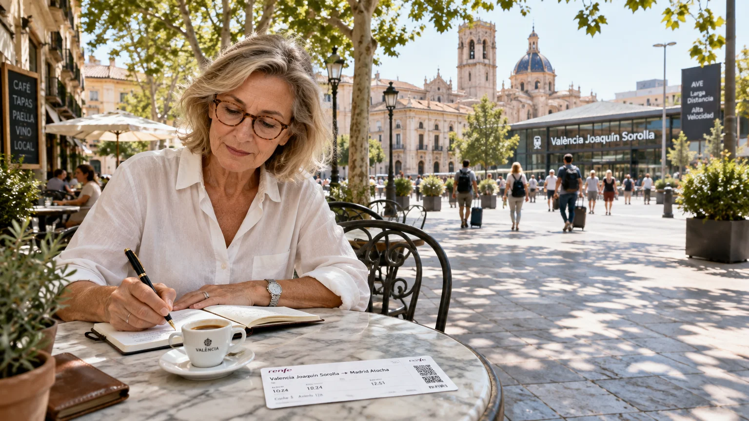 A woman writes in a notebook at an outdoor cafe table with coffee and a train ticket near a sunlit city plaza.