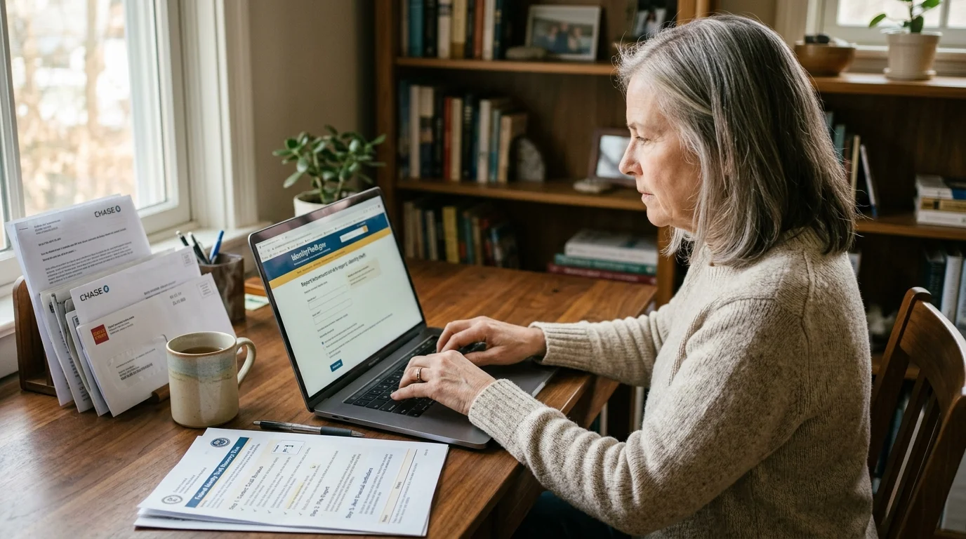 A woman sits at a wooden desk with paperwork, typing on a laptop displaying an online reporting form.