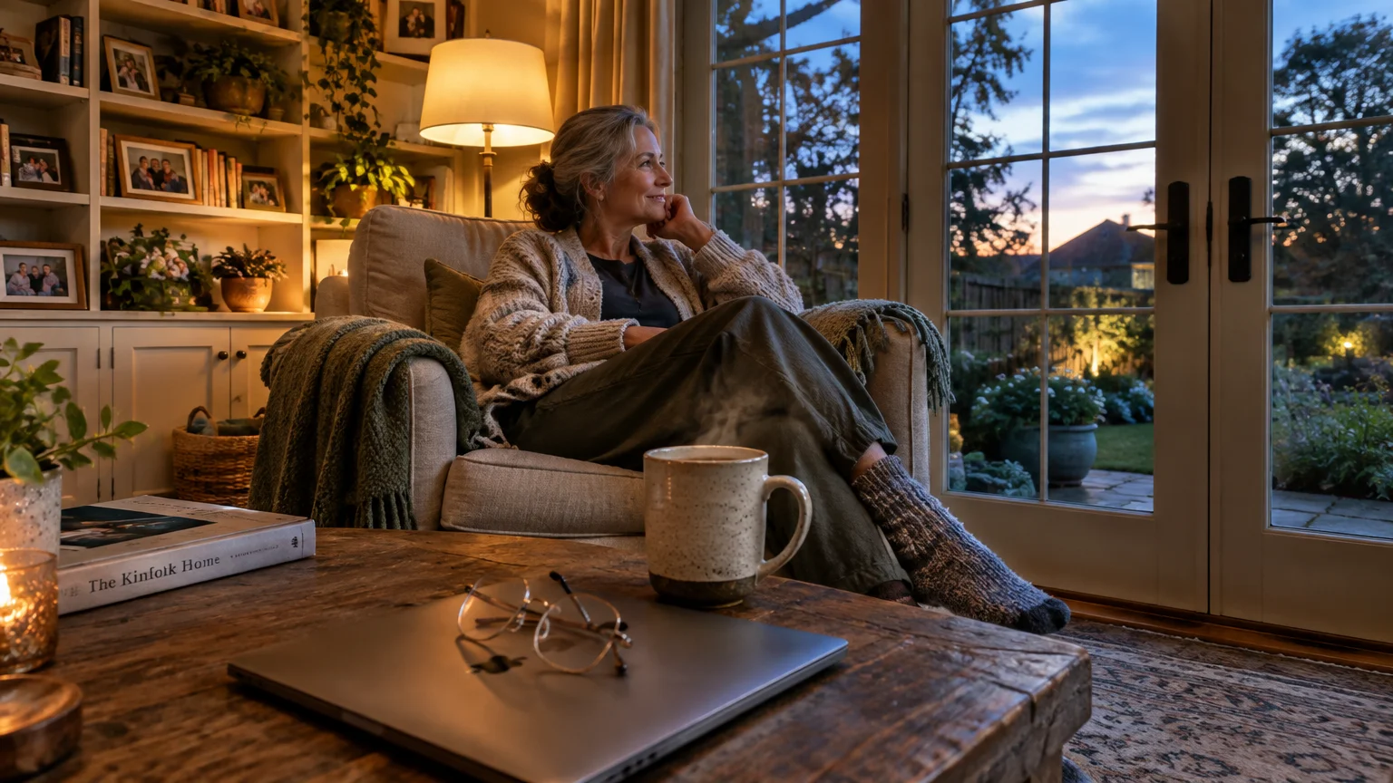 Woman relaxing in an armchair by patio doors at dusk with a steaming mug and closed laptop on a coffee table.