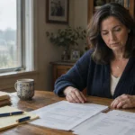 A woman sits at a wooden table reviewing financial documents and account statements beside a window and bookshelf.