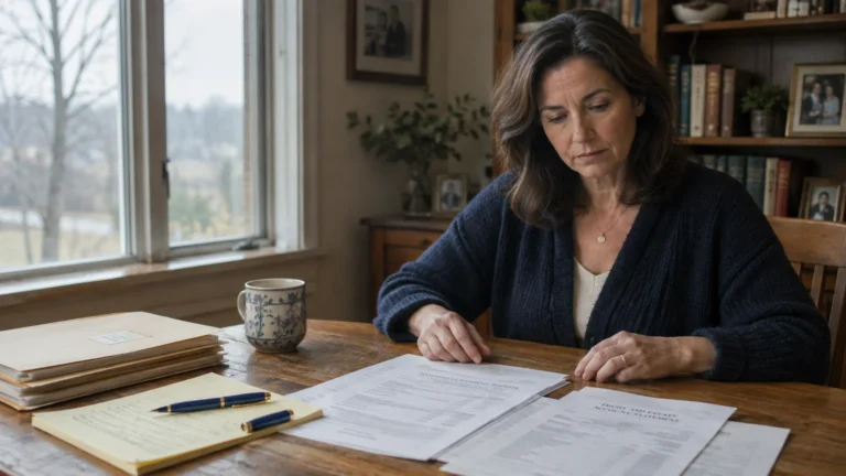 A woman sits at a wooden table reviewing financial documents and account statements beside a window and bookshelf.