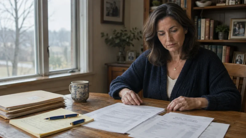 A woman sits at a wooden table reviewing financial documents and account statements beside a window and bookshelf.