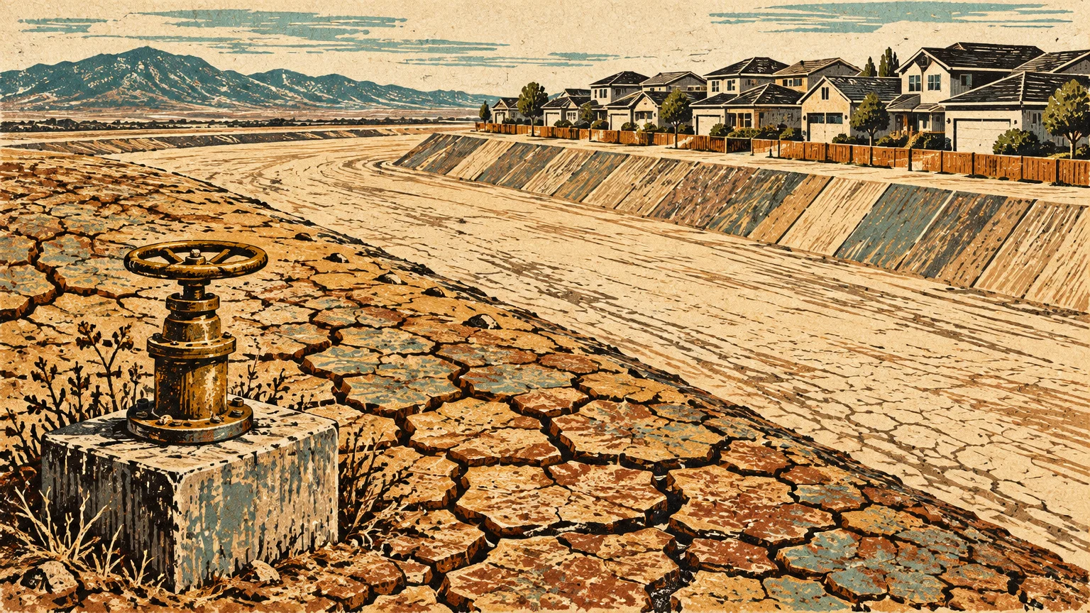 A water valve on cracked earth next to an empty concrete canal and suburban homes beneath mountains.