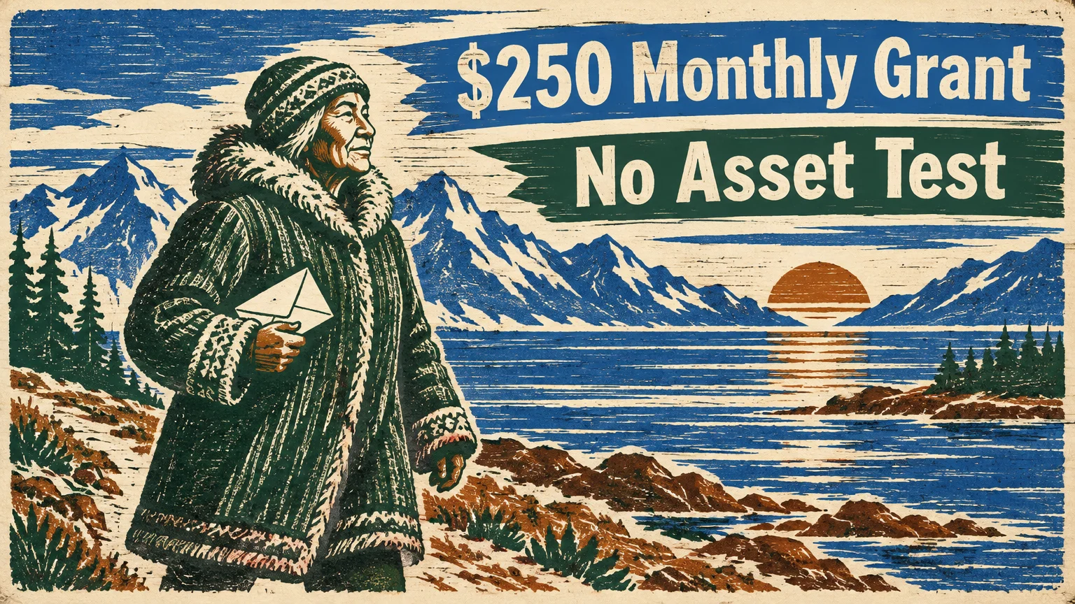 Woodcut illustration of an elder in a winter parka holding an envelope before snowy mountains and sea.