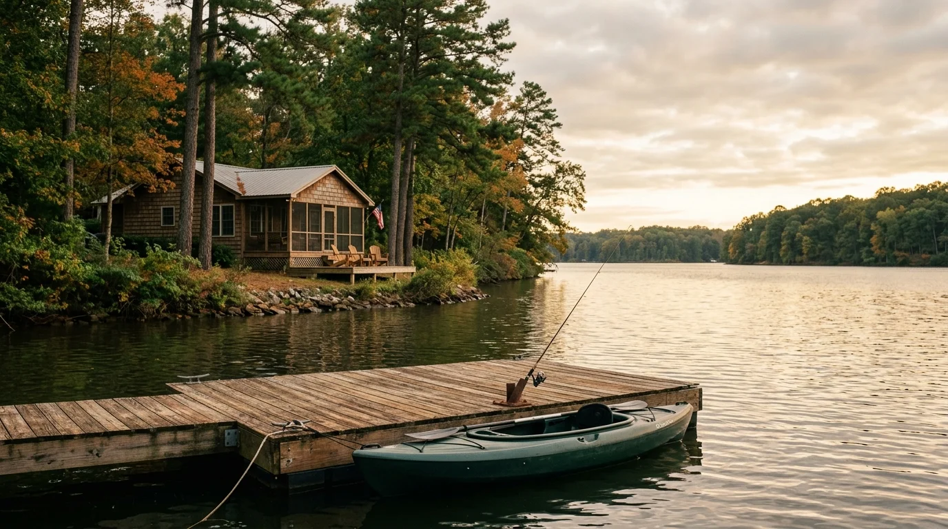 Green kayak and fishing rod on a wooden dock with a rustic cabin nestled in lakeside trees at sunset.