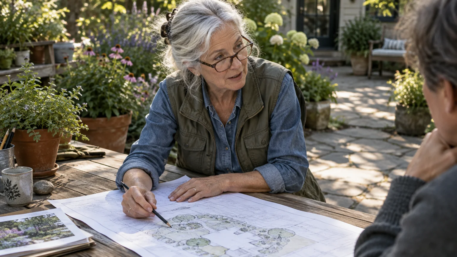 A senior woman with gray hair reviews landscape blueprints at an outdoor patio table across from a client.