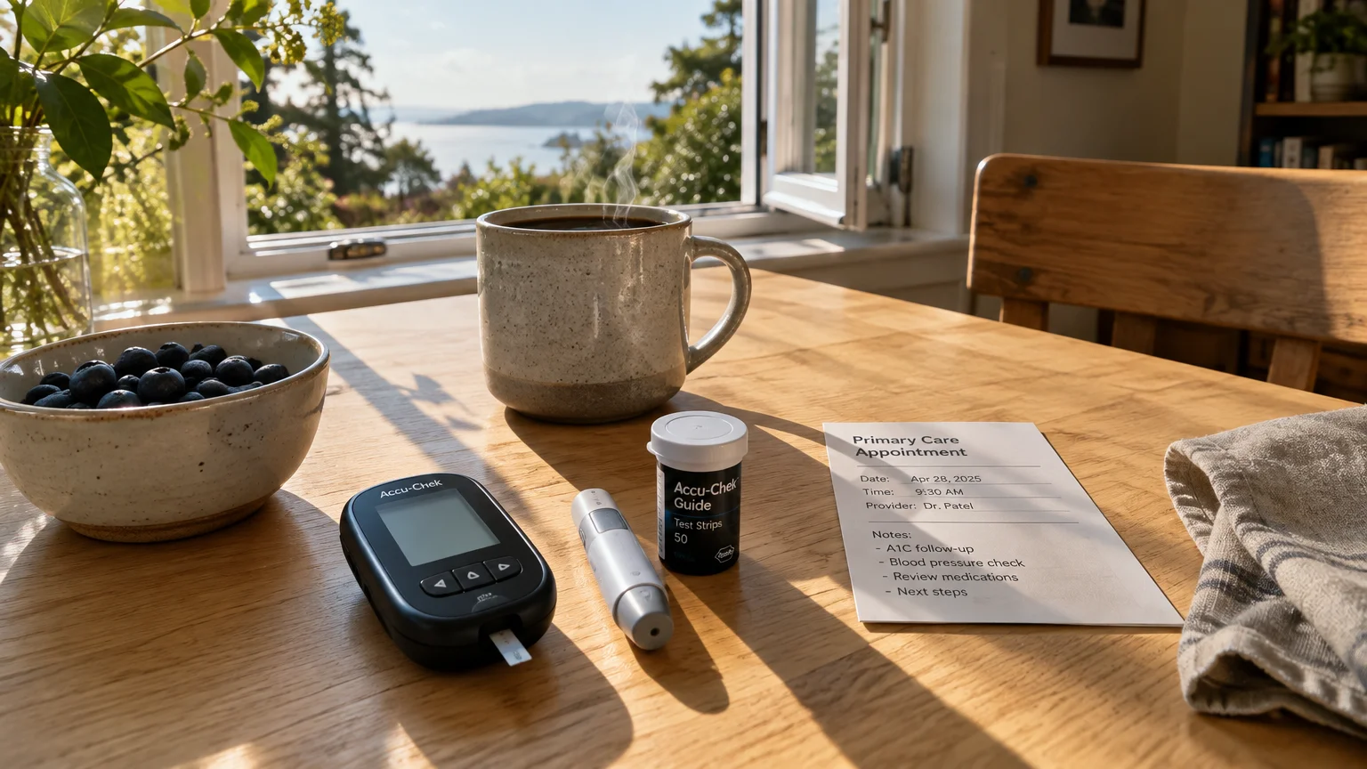 Blood glucose meter, test strips, lancing device, appointment card, blueberries, and coffee mug on a sunlit table by a window.