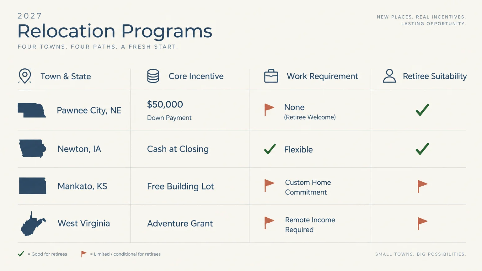 Comparison table of 2027 relocation programs for Pawnee City, Newton, Mankato, and West Virginia with retiree suitability.