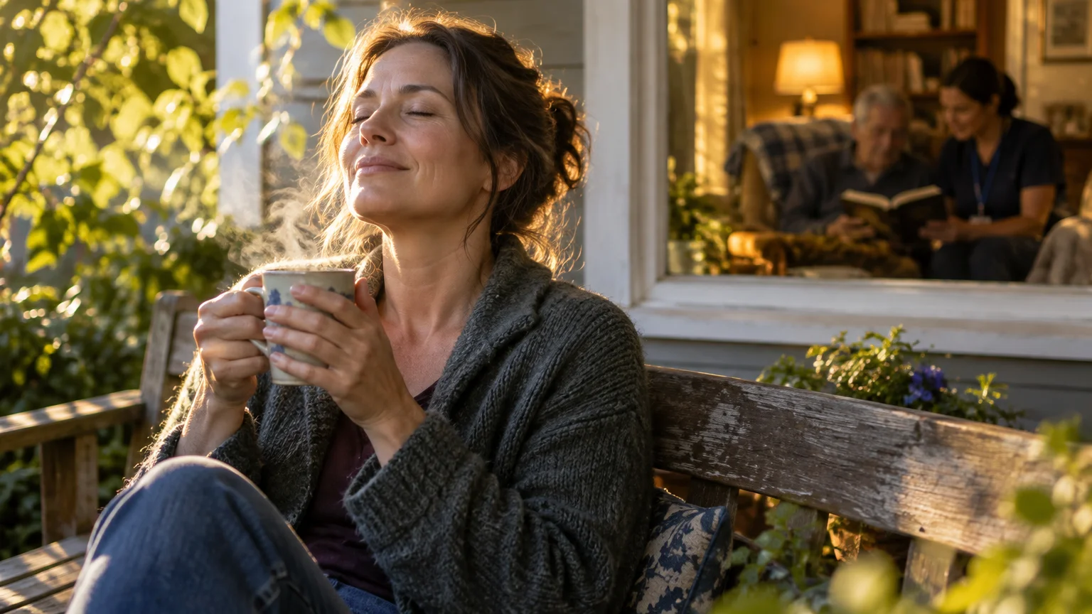 Woman relaxing outdoors with a hot mug while a nurse assists an elderly man visible through a window inside.