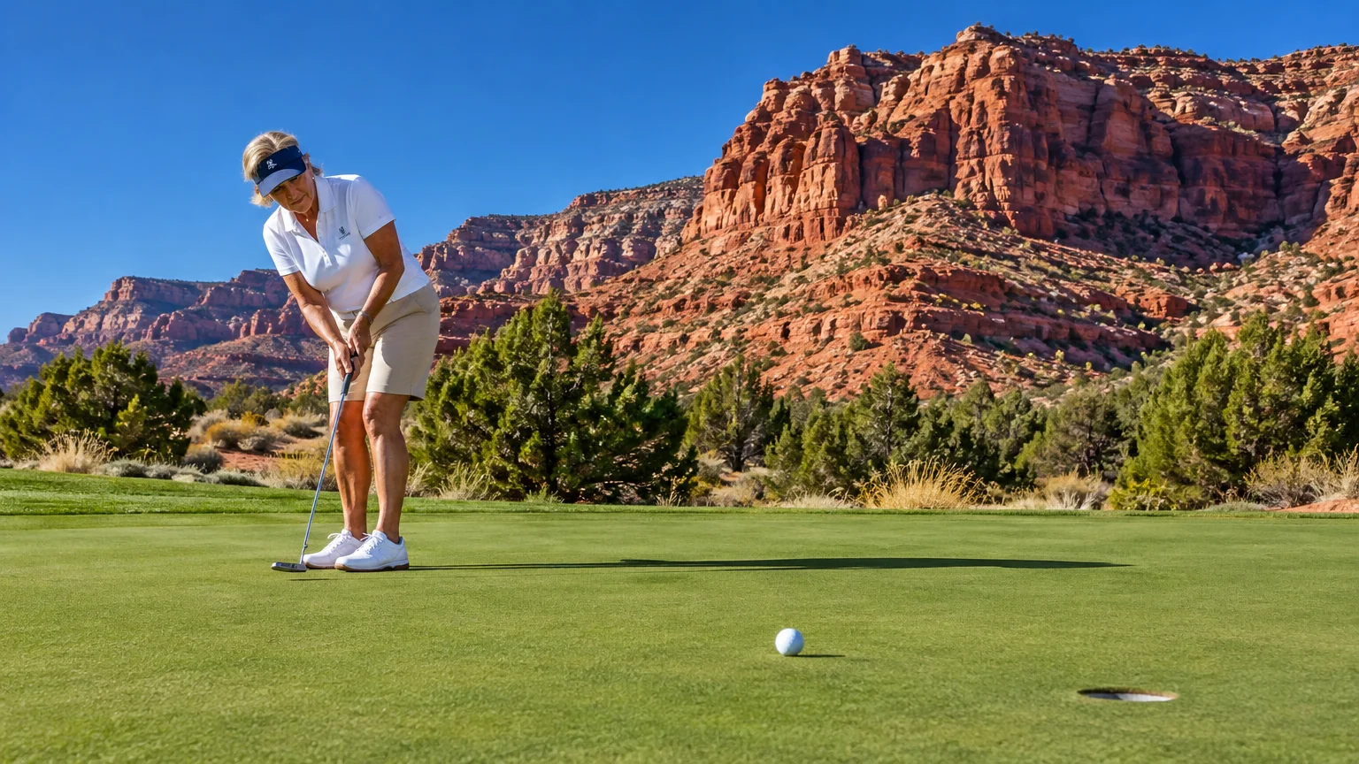 A woman putts on a green golf course set against a towering red rock formation under a clear blue sky.