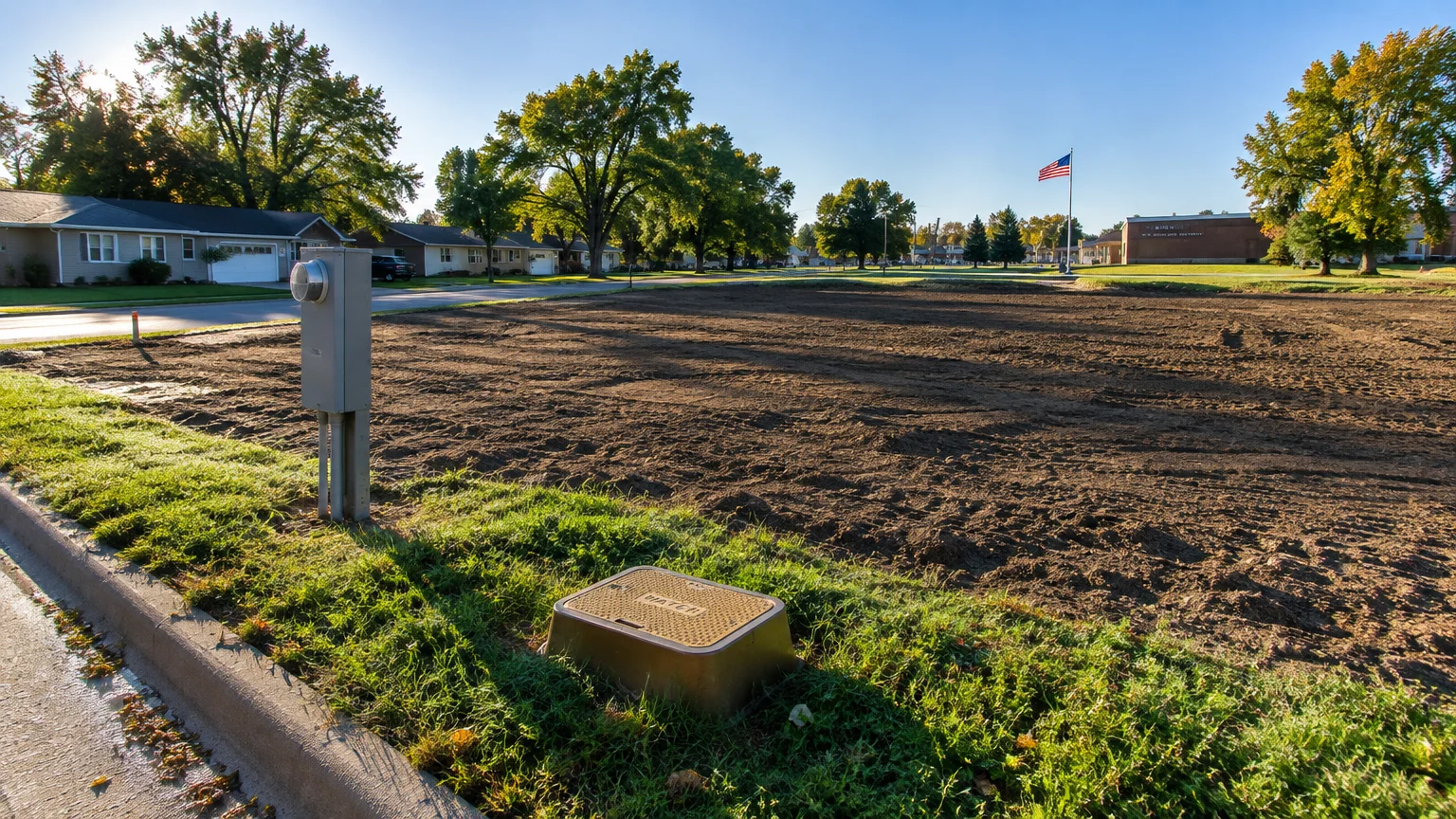 Dirt building lot in a neighborhood with a utility meter box and water meter cover visible along the curb.