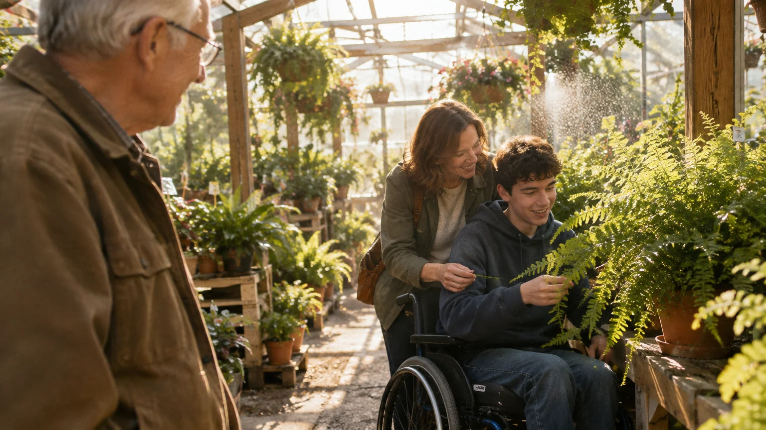 A smiling woman pushes a young man using a wheelchair through a sunlit plant nursery while an older man looks on.