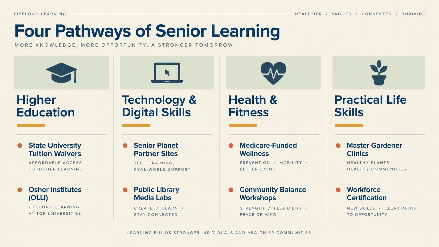 Diagram outlining four pathways of senior learning: Higher Education, Technology & Digital Skills, Health & Fitness, and Practical Life Skil