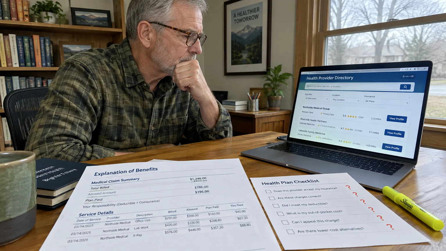 A man at a wooden desk reviews medical paperwork next to an open laptop showing a health provider directory.